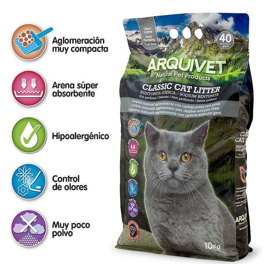 Gatos ARQUIVET Arena Para Gatos | Classic Cat Litter 10 Kg - Arena 100% Natural Aglomerante Con Carb N Activo Para Gatos - Producto Premium