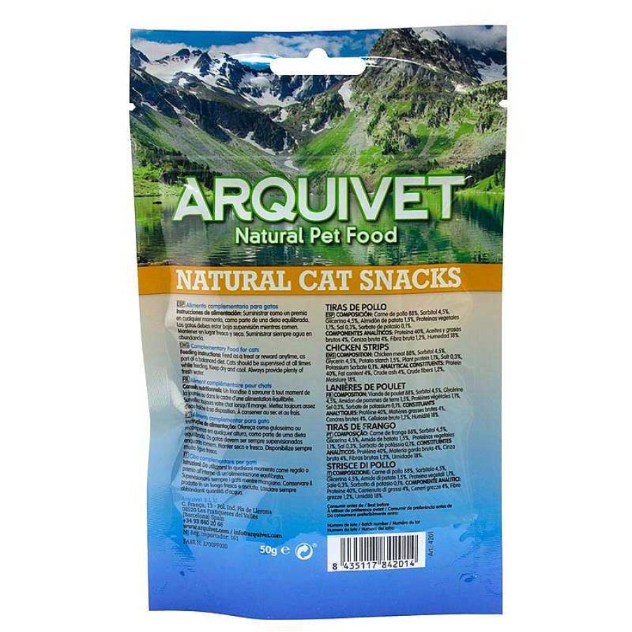 Gatos ARQUIVET Snacks Para Gatos | Pack 24 Unidades - Tiras De Pollo 50 Gr - Snacks 100% Naturales Para Gatos - Alimento Complementario Para Felinos